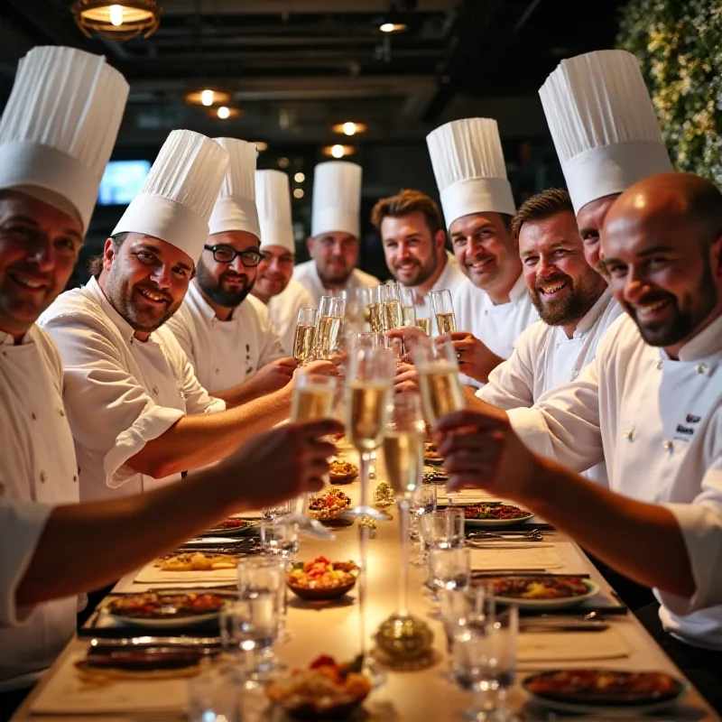 A group of chefs and culinary professionals from Flanders, Belgium, smiling and raising glasses in a toast to Flemish gastronomy.