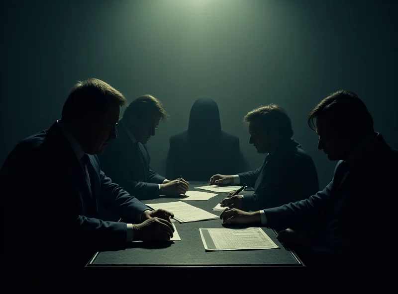 Illustration of a shadowy figure manipulating government officials in a dimly lit room.