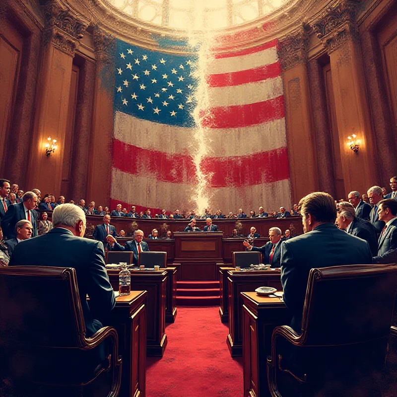 Illustration depicting a divided House of Representatives, with Democrats and Republicans seated on opposite sides, looking tense and divided.