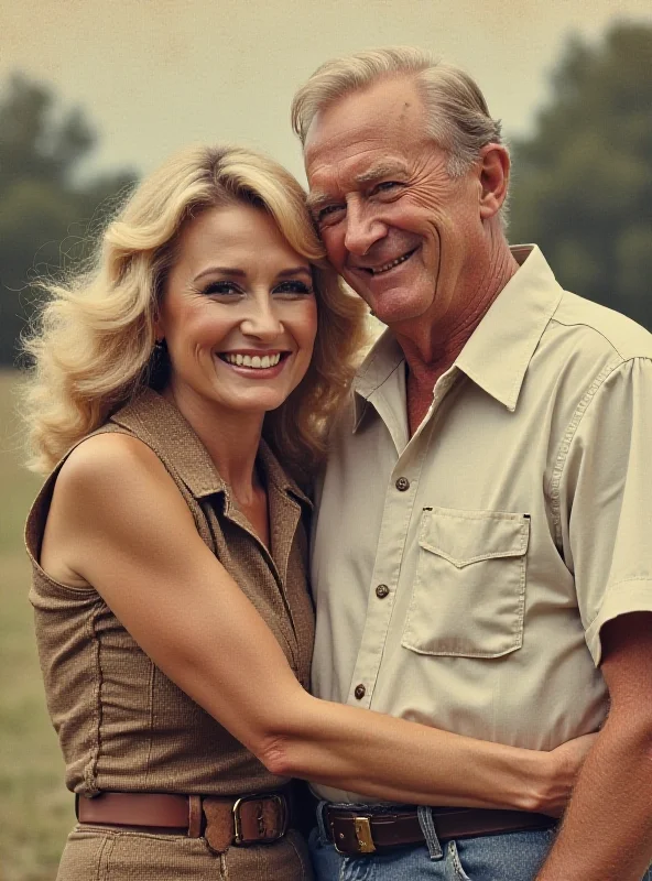 A vintage photograph of Dolly Parton and Carl Dean smiling and embracing each other.