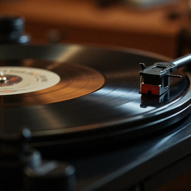 Close-up of a vinyl record spinning on a turntable, with Dolly Parton's album cover visible.