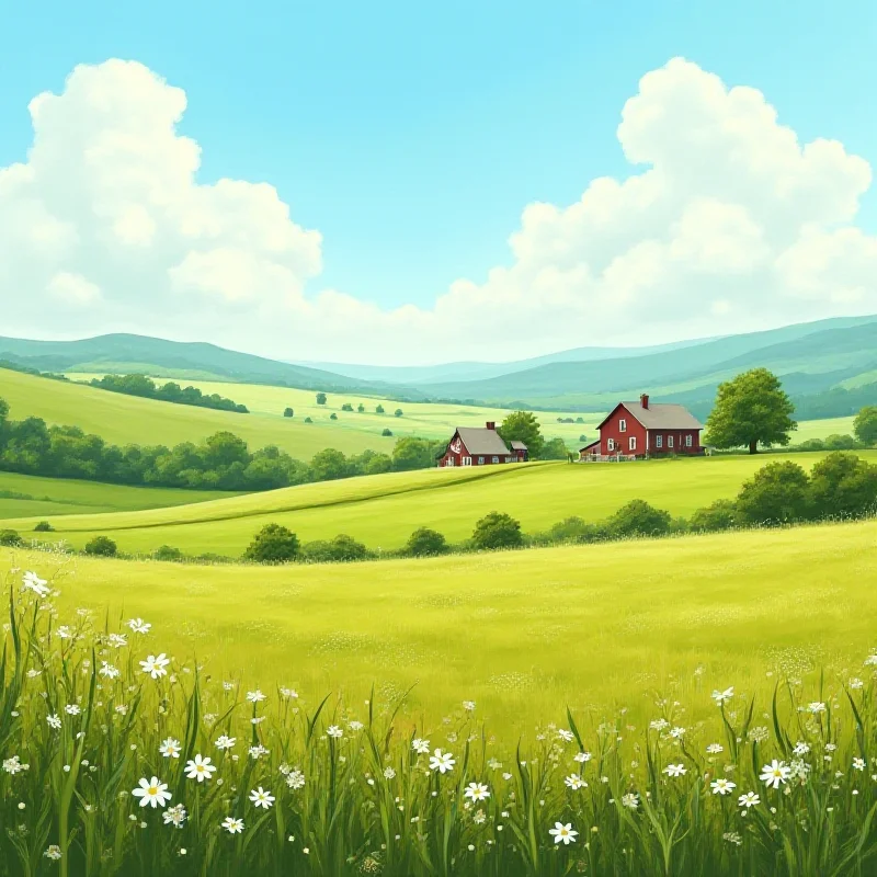 A digital painting of a peaceful countryside scene with rolling hills, green pastures, and a quaint farmhouse in the distance, inspired by Dolly Parton's music.