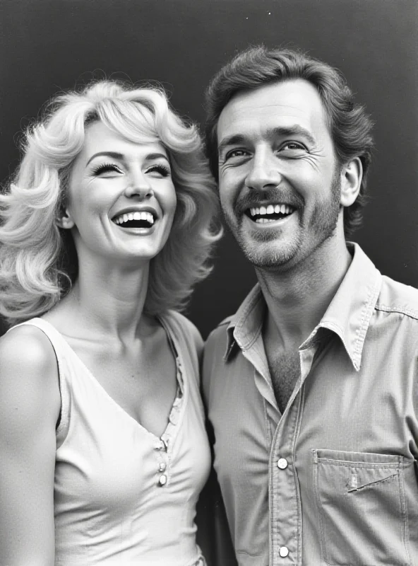 Black and white photo of a young Dolly Parton and Carl Dean laughing together.