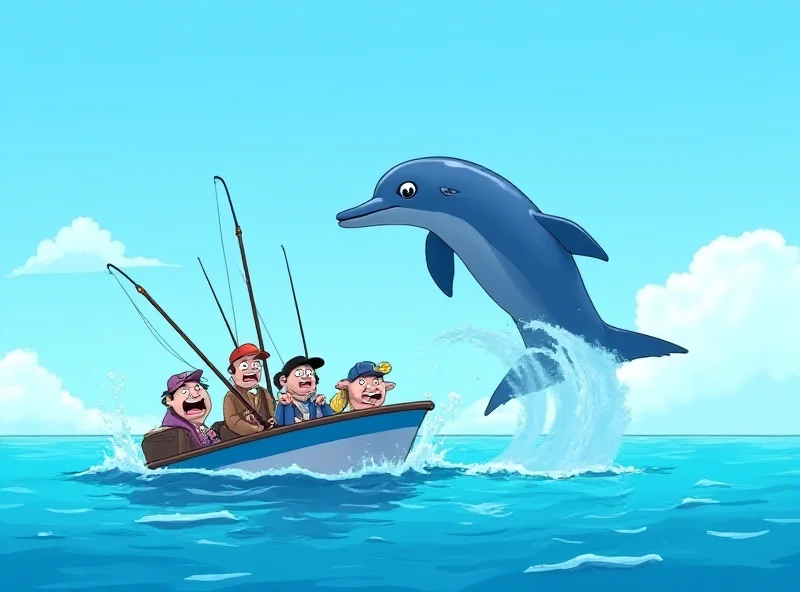 Illustration of a dolphin jumping into a fishing boat, startling the fishermen.
