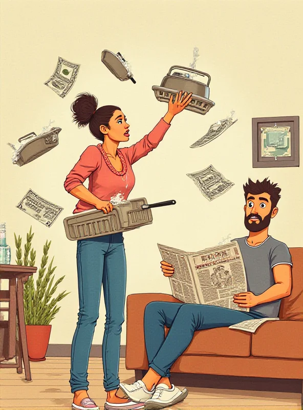 Illustration depicting a woman juggling multiple household tasks while a man relaxes, oblivious to the effort.