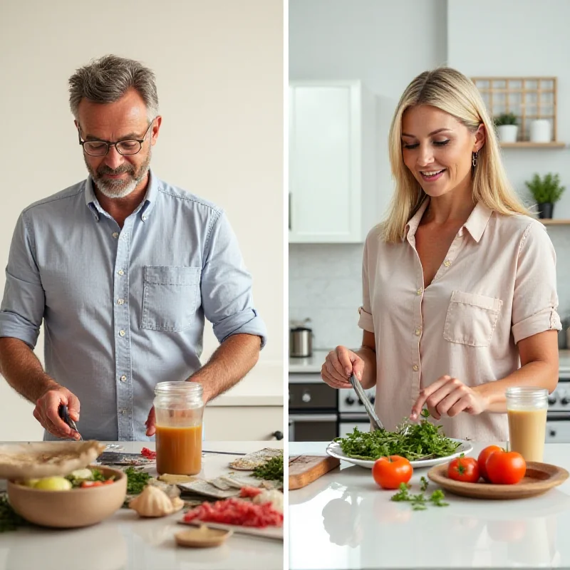 A split image showing a man and a woman each doing a variety of household tasks, representing shared responsibilities.