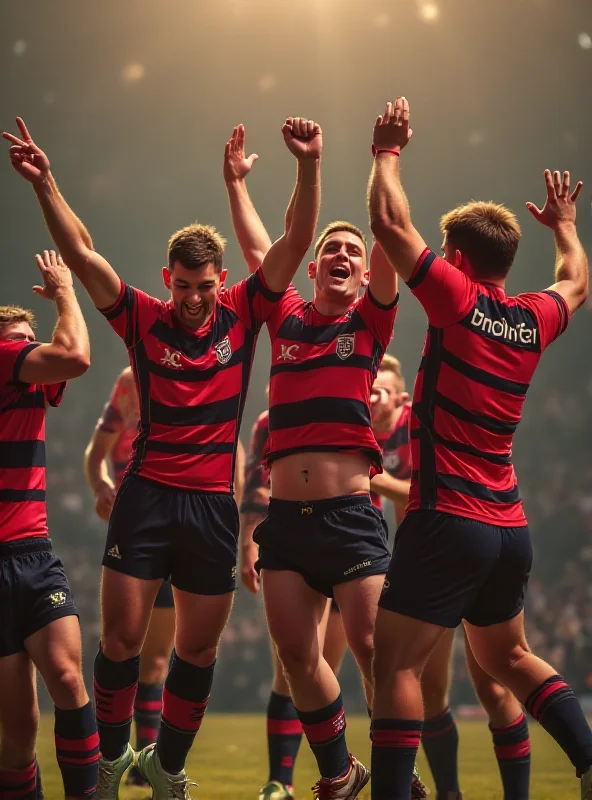 Players celebrating a try in a rugby match.