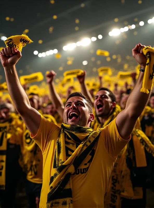 Fans celebrating a goal during a Borussia Dortmund Bundesliga match, showing yellow and black scarves and jerseys.