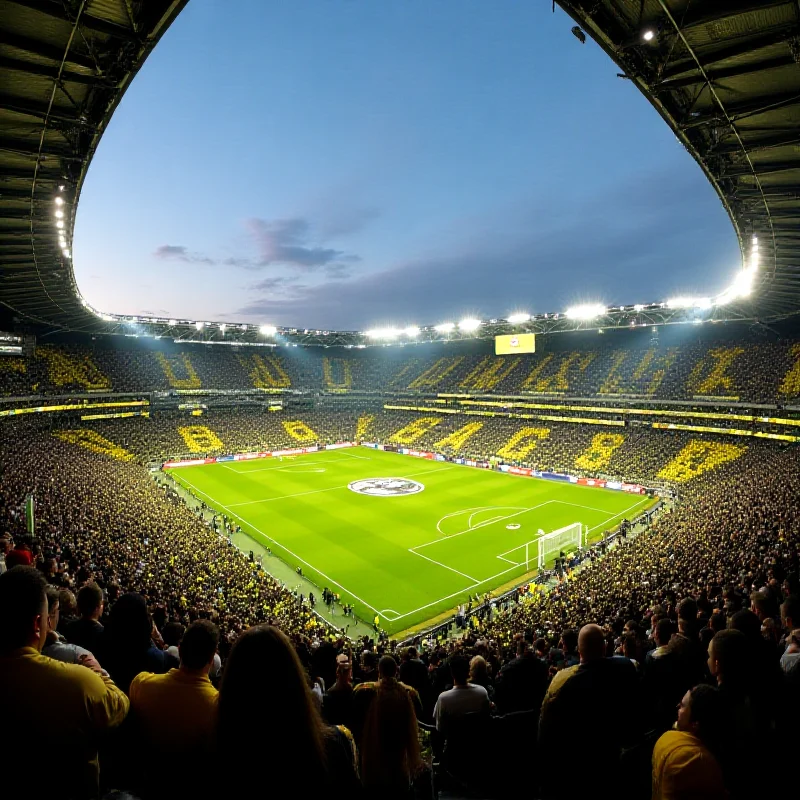 A panoramic view of Signal Iduna Park, Borussia Dortmund's stadium, filled with fans during a Bundesliga match.
