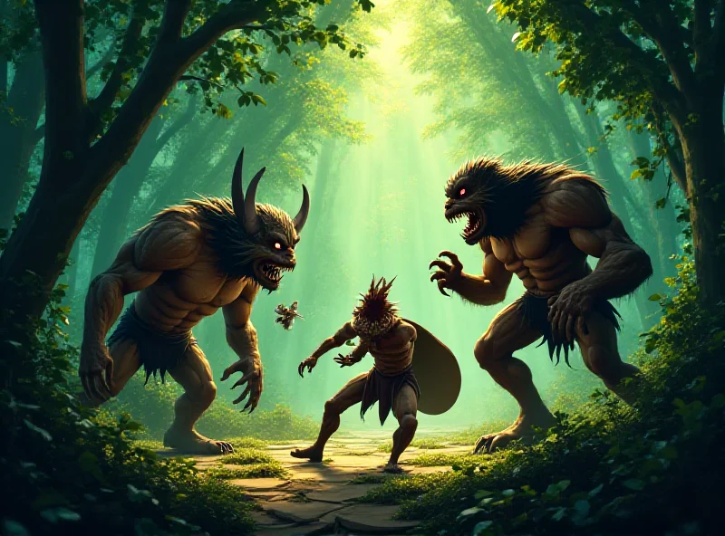 Screenshot from Absolum showing two characters fighting fantasy enemies in a forest environment.