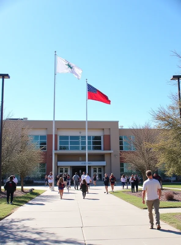 Exterior of Ponderosa High School during the daytime with American and Colorado flags waving.