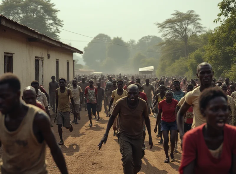 A chaotic scene outside a clinic in DR Congo, with people fleeing and rebels looting in the background.