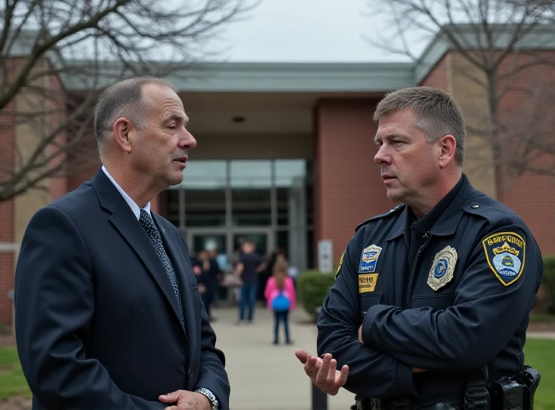 A concerned school employee talking to a police officer in front of a school building.