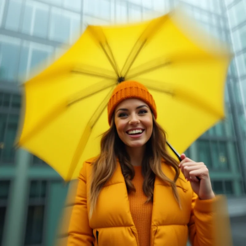 A woman holding an umbrella and smiling, standing in front of a modern building in Poznan.
