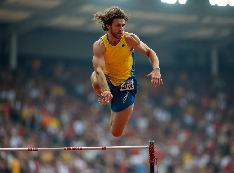 Armand Duplantis mid-air during a pole vault attempt.