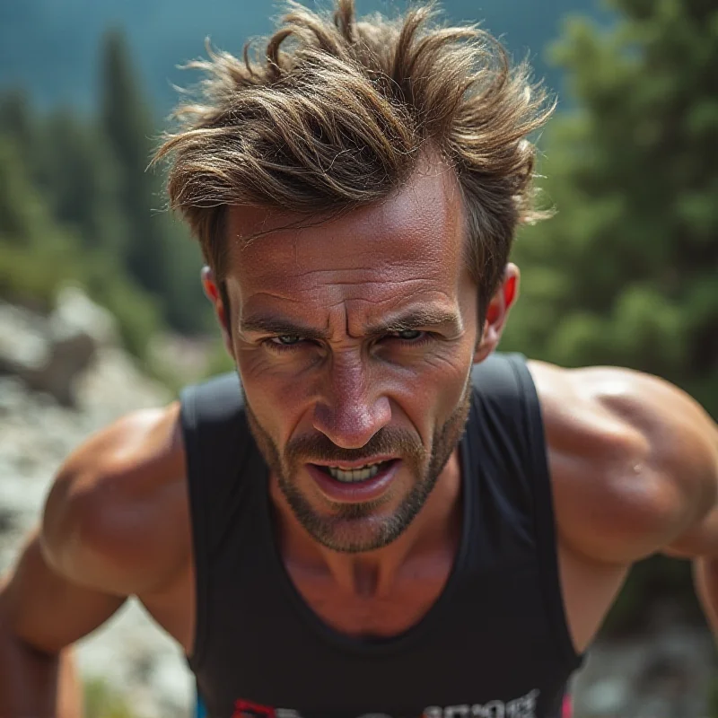Close-up of Florian's determined face as he runs uphill.