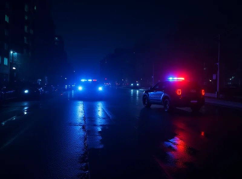 A police car with flashing lights in a generic urban environment, symbolizing the pursuit of criminals.