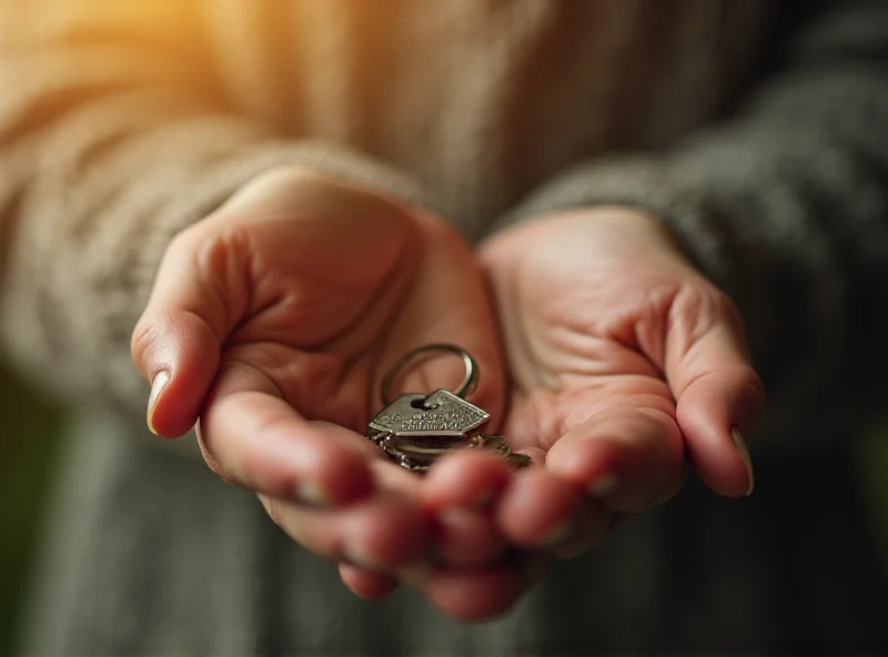 A close-up of a person's hands holding a house key, symbolizing home and support.