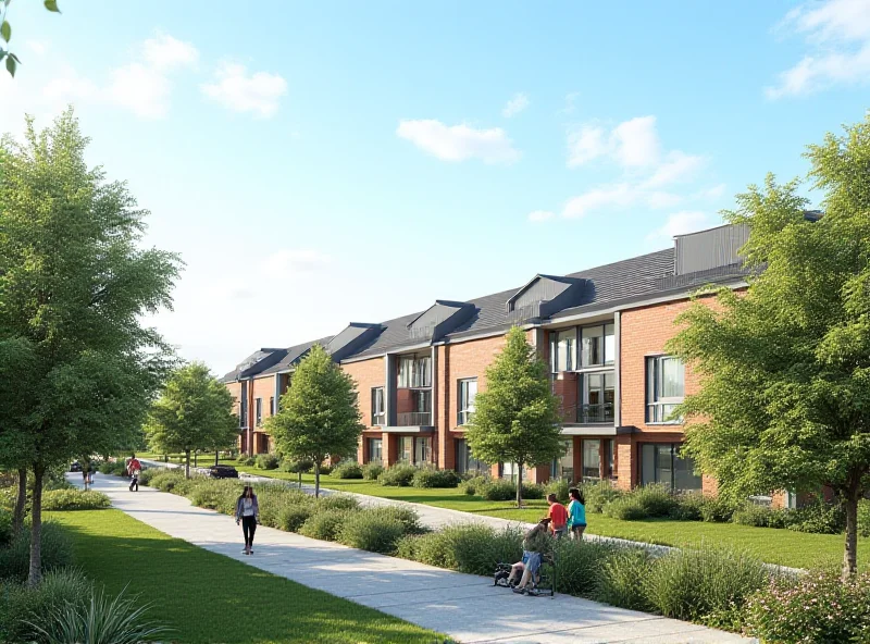 An architectural rendering showcasing a modern residential neighborhood built on a redeveloped site.