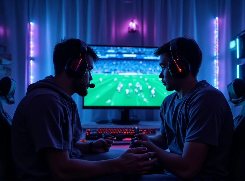 A gamer intensely playing Madden on a console with a large screen displaying the game.