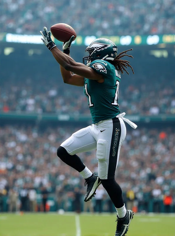 A.J. Brown making a catch during a football game in his Eagles uniform.
