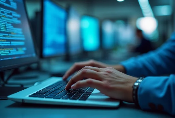 Close-up of a person's hands typing on a computer keyboard, representing financial analysis.