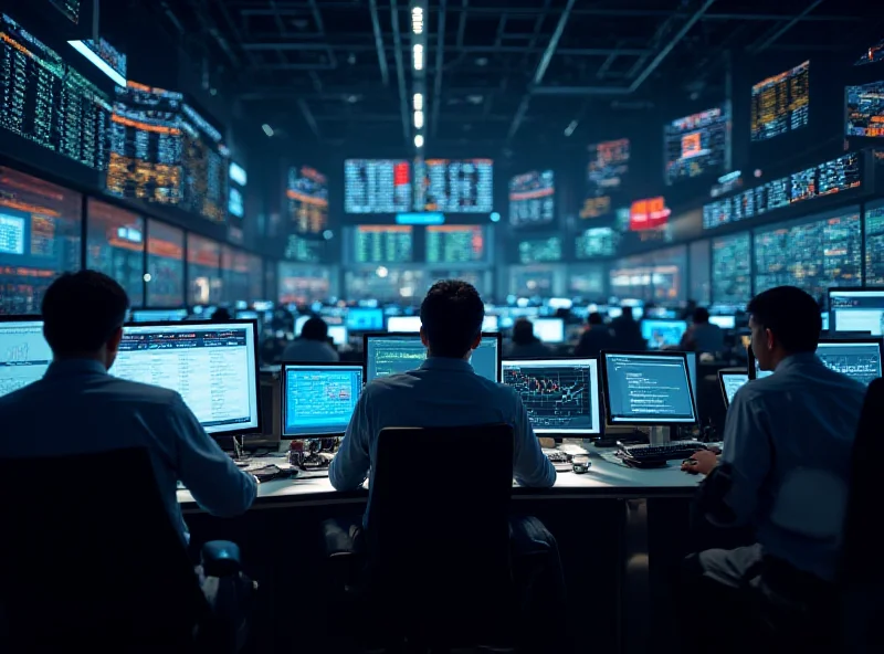 A busy stock market trading floor with screens displaying financial data and traders actively working.