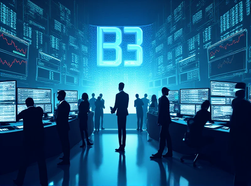 Illustration of the B3 stock exchange in Sao Paulo, Brazil, bustling with activity.