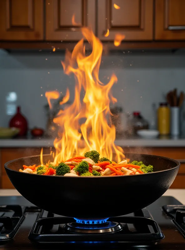 A colorful and vibrant stir-fry being cooked in a wok, with visible steam rising and vegetables tossed in the air. The backdrop is a modern kitchen with stainless steel appliances.