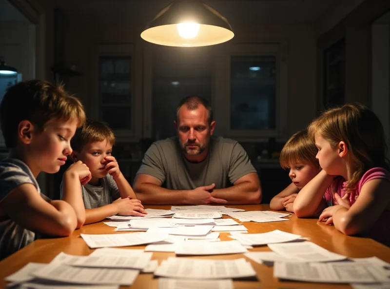 A family looking concerned while looking at utility bills.