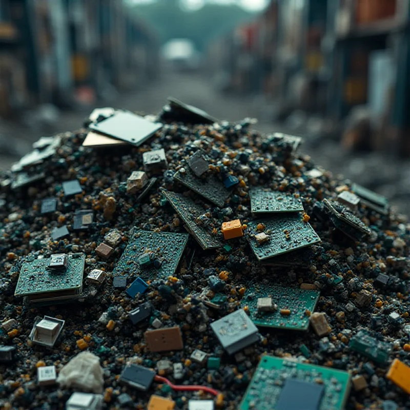 A pile of discarded electronics, including circuit boards, wires, and screens, representing e-waste and its environmental impact.