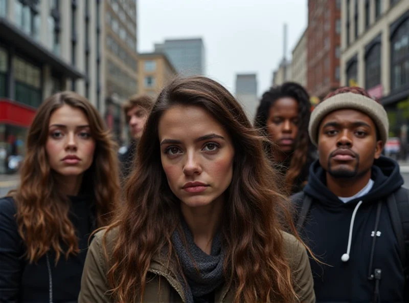 A group of diverse young adults looking concerned and thoughtful, standing in an urban environment.