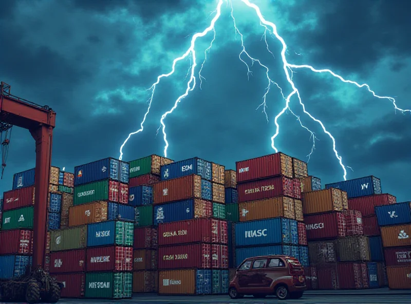 A digital illustration showing storm clouds gathering over shipping containers, symbolizing trade wars.