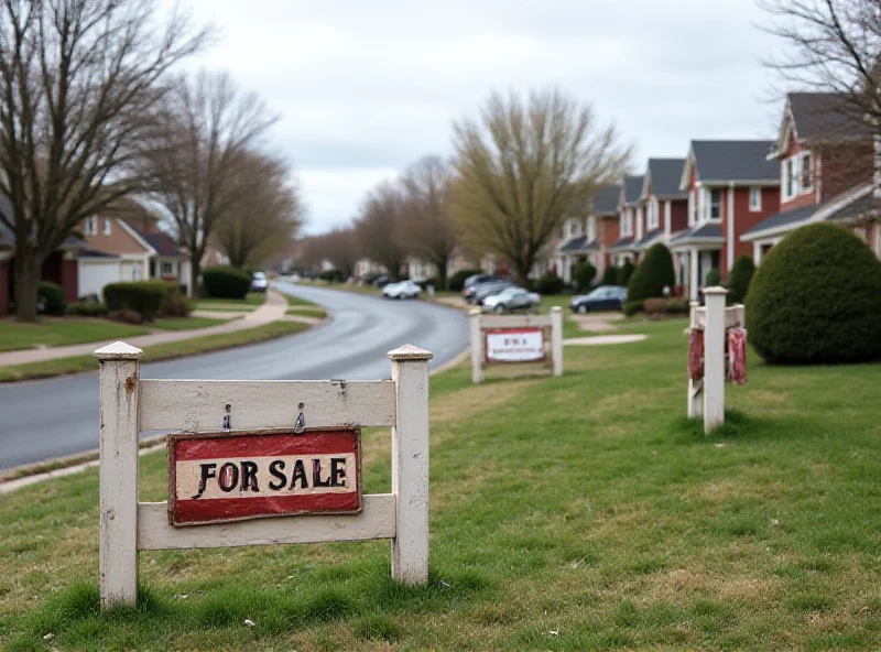 A suburban street with 'For Sale' signs in front of several houses, some with faded or crossed-out signs, symbolizing a struggling housing market.