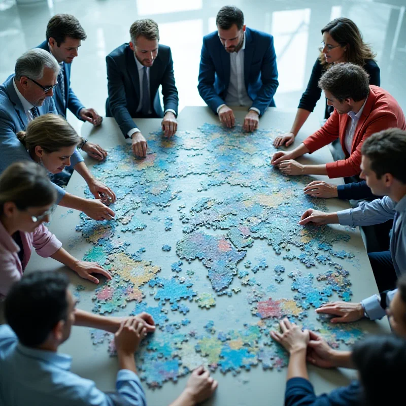 A diverse group of people collaborating on a complex puzzle, symbolizing the interconnectedness of the global economy.