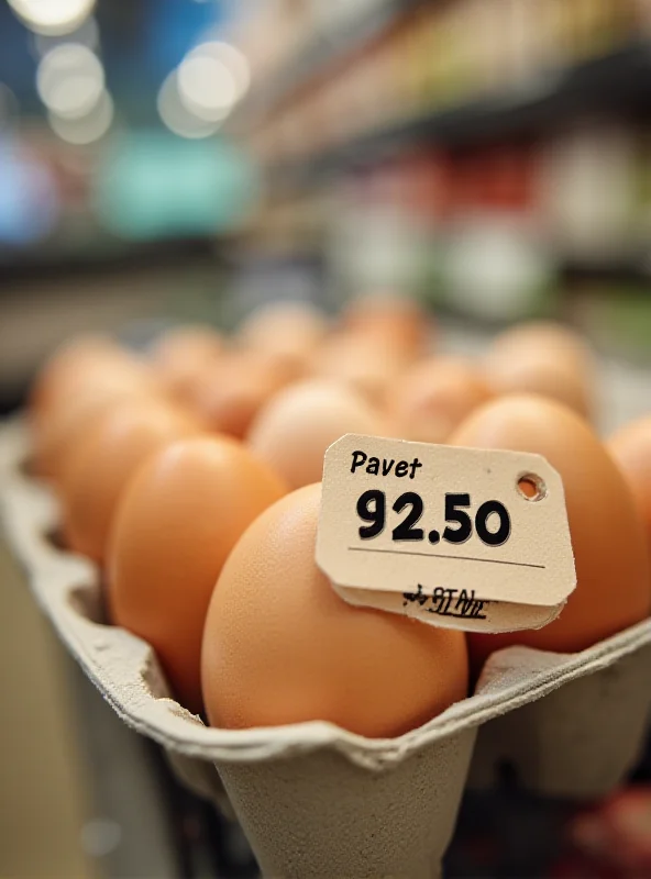 Close-up shot of a carton of eggs with a price tag showing an inflated price, representing rising food costs.