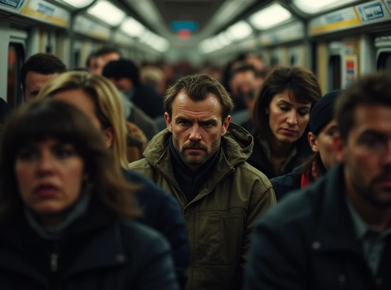 A crowded train carriage during rush hour, people looking stressed and tired