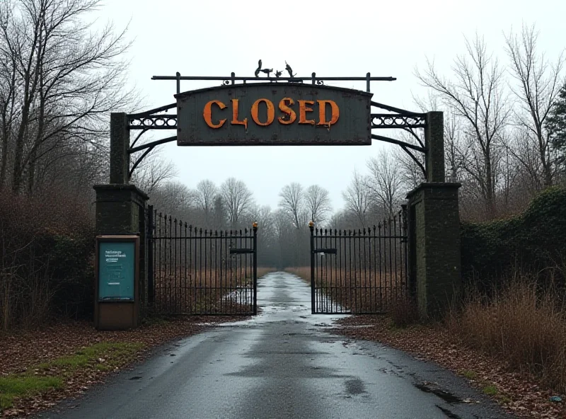 A closed theme park entrance, the gates are locked and overgrown with weeds, a faded sign hangs above