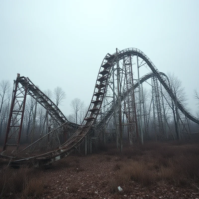 A rollercoaster at an amusement park with no people and the sky is grey