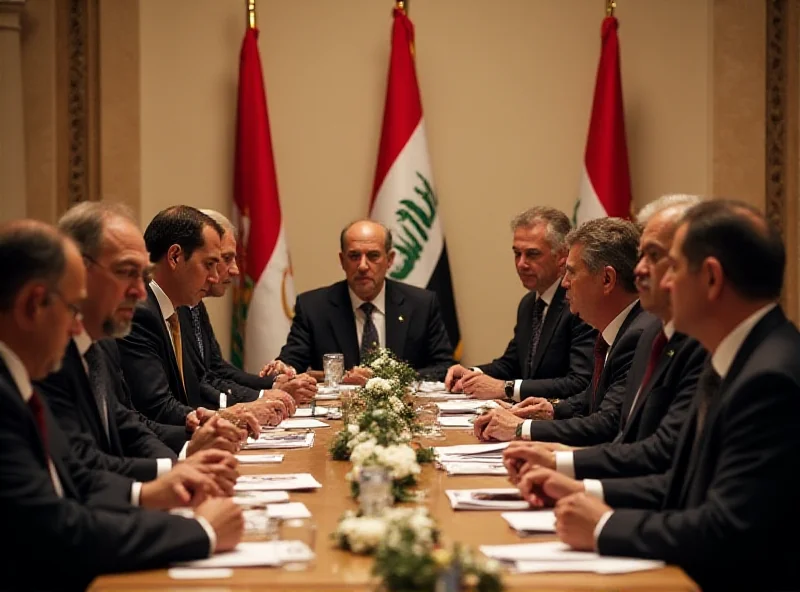 Scene of peace talks in Cairo, Egypt, with diplomats from various nations seated around a table, engaging in serious discussions. The Egyptian flag is prominently displayed, symbolizing Egypt's role as a mediator.