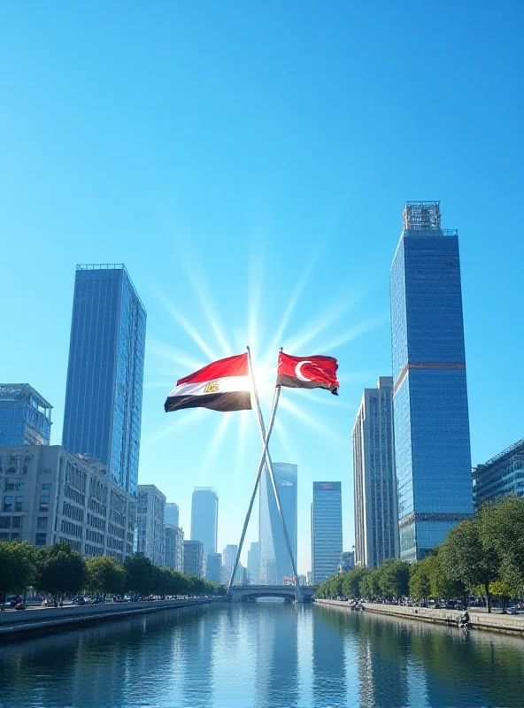 A modern cityscape of Tashkent, Uzbekistan, with a clear blue sky and modern buildings reflecting the sunlight. The image should convey a sense of economic progress and international cooperation. In the foreground, display the Egyptian and Uzbek flags side by side, representing the upcoming visit.