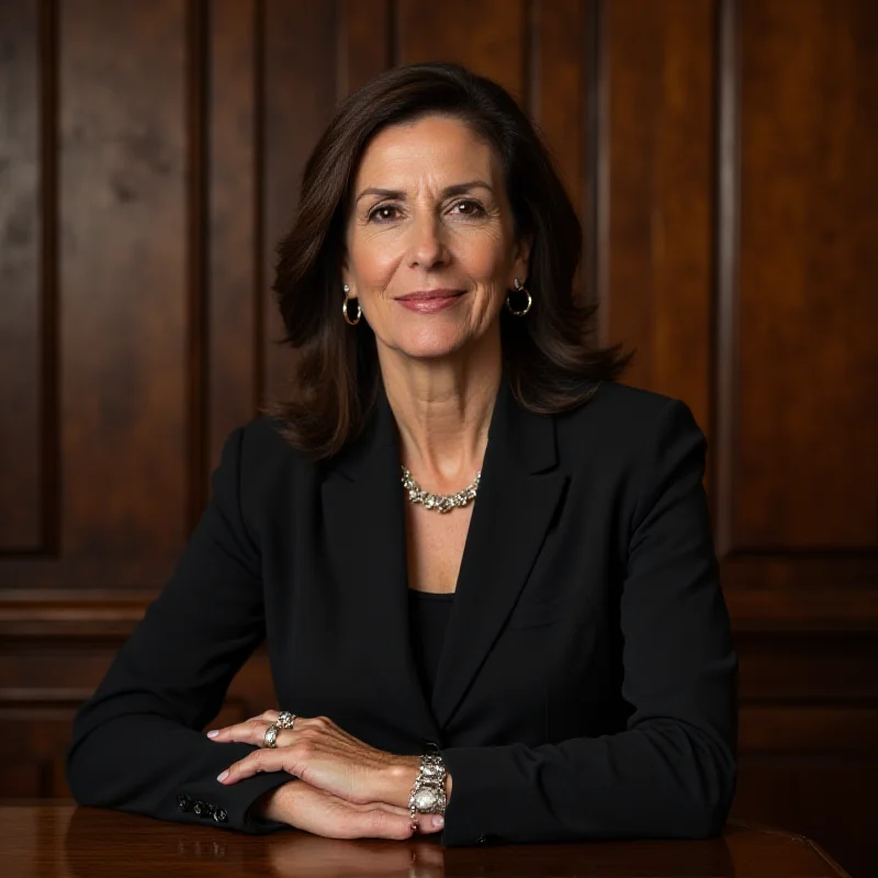 A portrait of Gali Baharav-Miara, the Israeli Attorney-General, in a professional setting. She should appear composed and serious, with a backdrop of legal documents and a courtroom setting, symbolizing her role in the Israeli legal system.