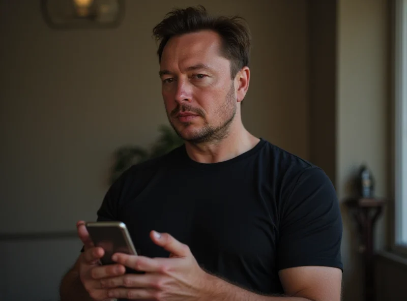 AI generated image of Elon Musk looking thoughtful while holding a smartphone, with a subtle background suggesting family photos.