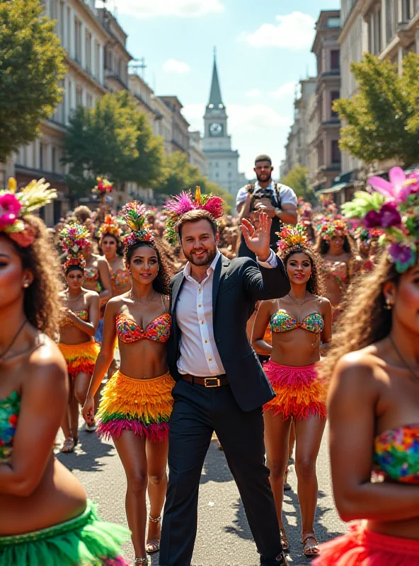 AI generated image of a vibrant and colorful Brazilian Carnival parade at Sapucaí, with subtle caricatures of Elon Musk integrated into the floats.