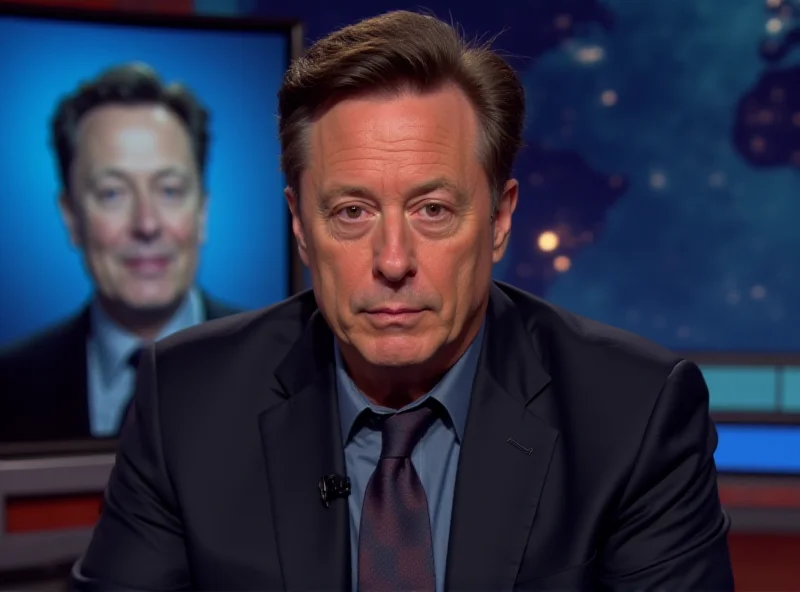 AI generated image of Jon Stewart on 'The Daily Show' set, looking directly at the camera with a serious expression, a subtle Elon Musk caricature on a screen behind him.