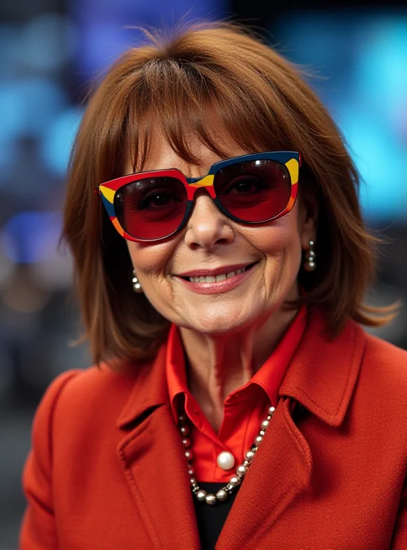 Lorraine Kelly wearing large, colorful sunglasses reminiscent of Elton John's style, smiling sheepishly.