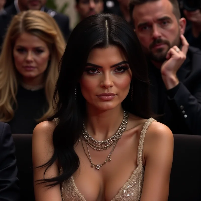 Kylie Jenner sitting in a front-row seat at an event, looking disinterested. The background is blurred with other celebrities and photographers.