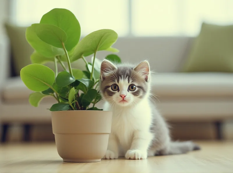 A scared kitten hiding behind a potted plant.