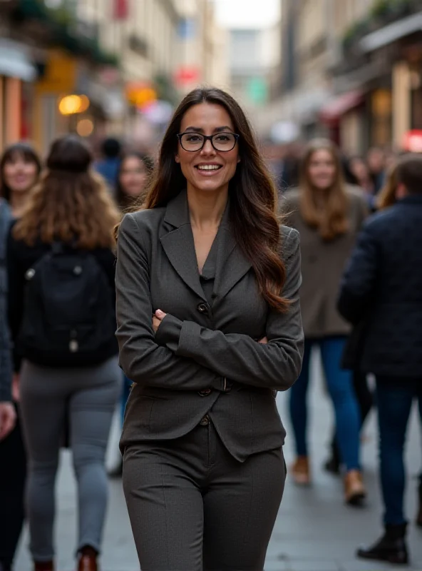 A tall woman standing confidently in a crowd of people of average height.