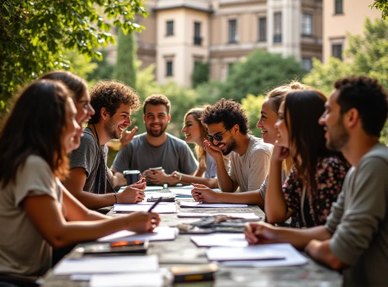 A group of diverse students studying together on a European campus.